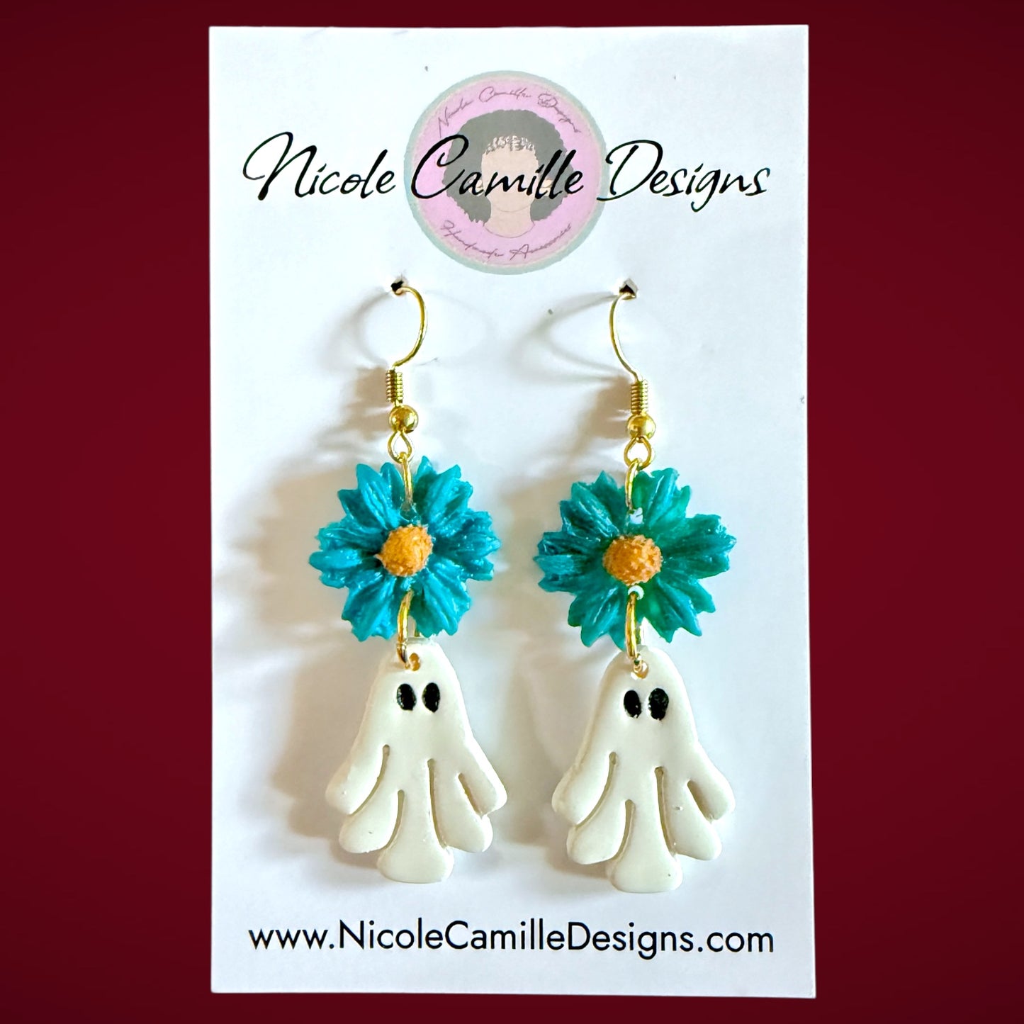 Teal Flower & Ghost Dangles Clay Earrings