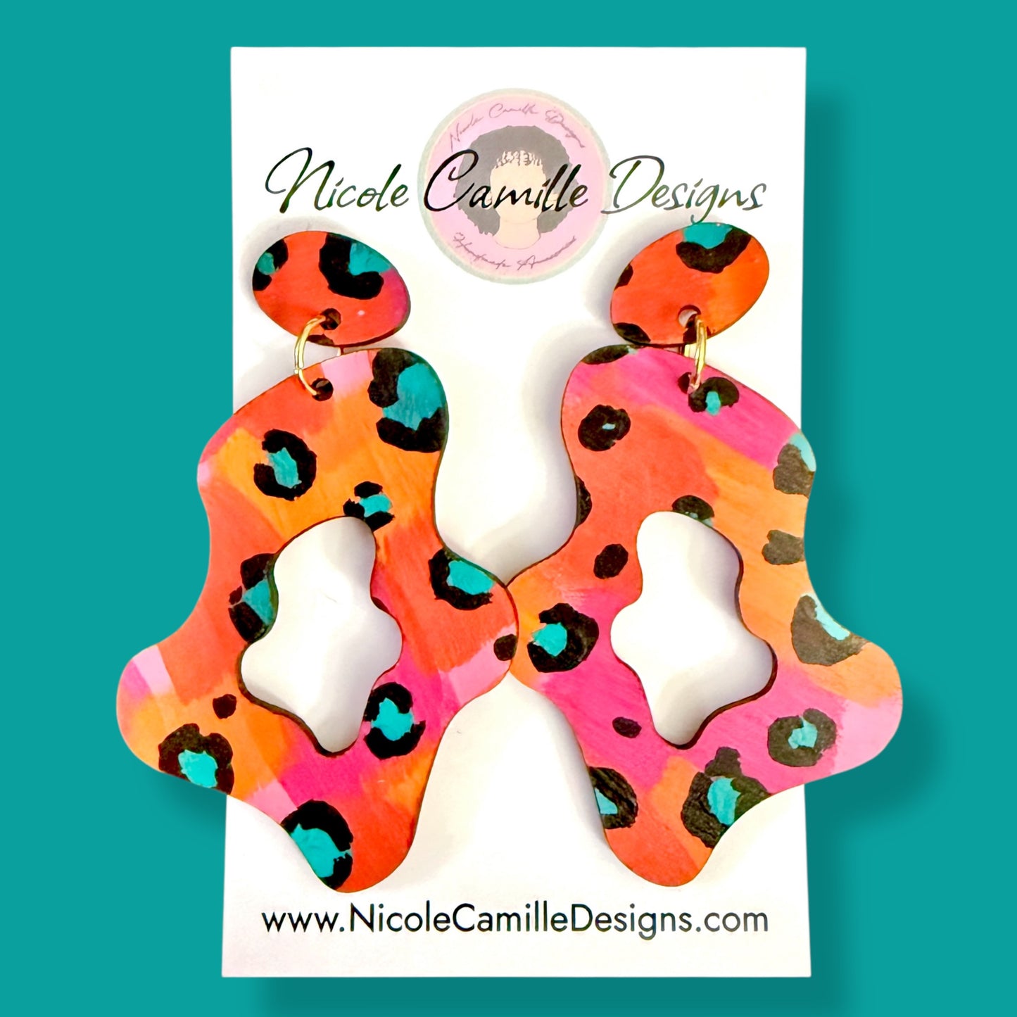 Orange & Fuschia Leopard Organic Wood Earrings