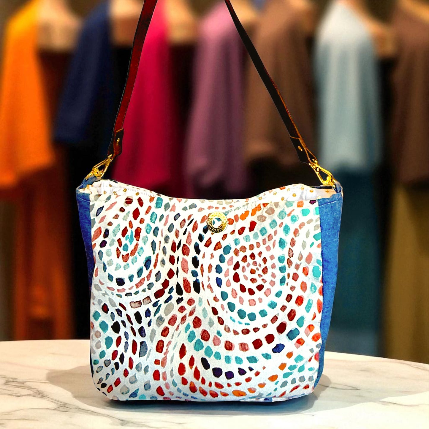 Whimsical Print & Denim Shoulder Bag