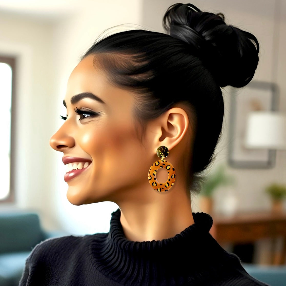 Leopard & Glitter Oval Resin Earrings