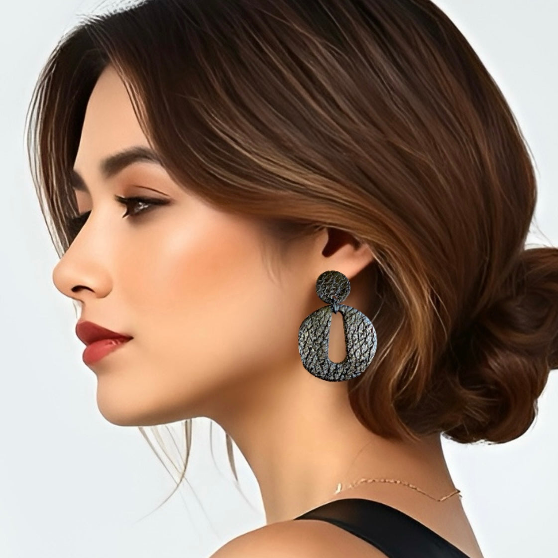 Black Leather Round Cutout Clay Earrings