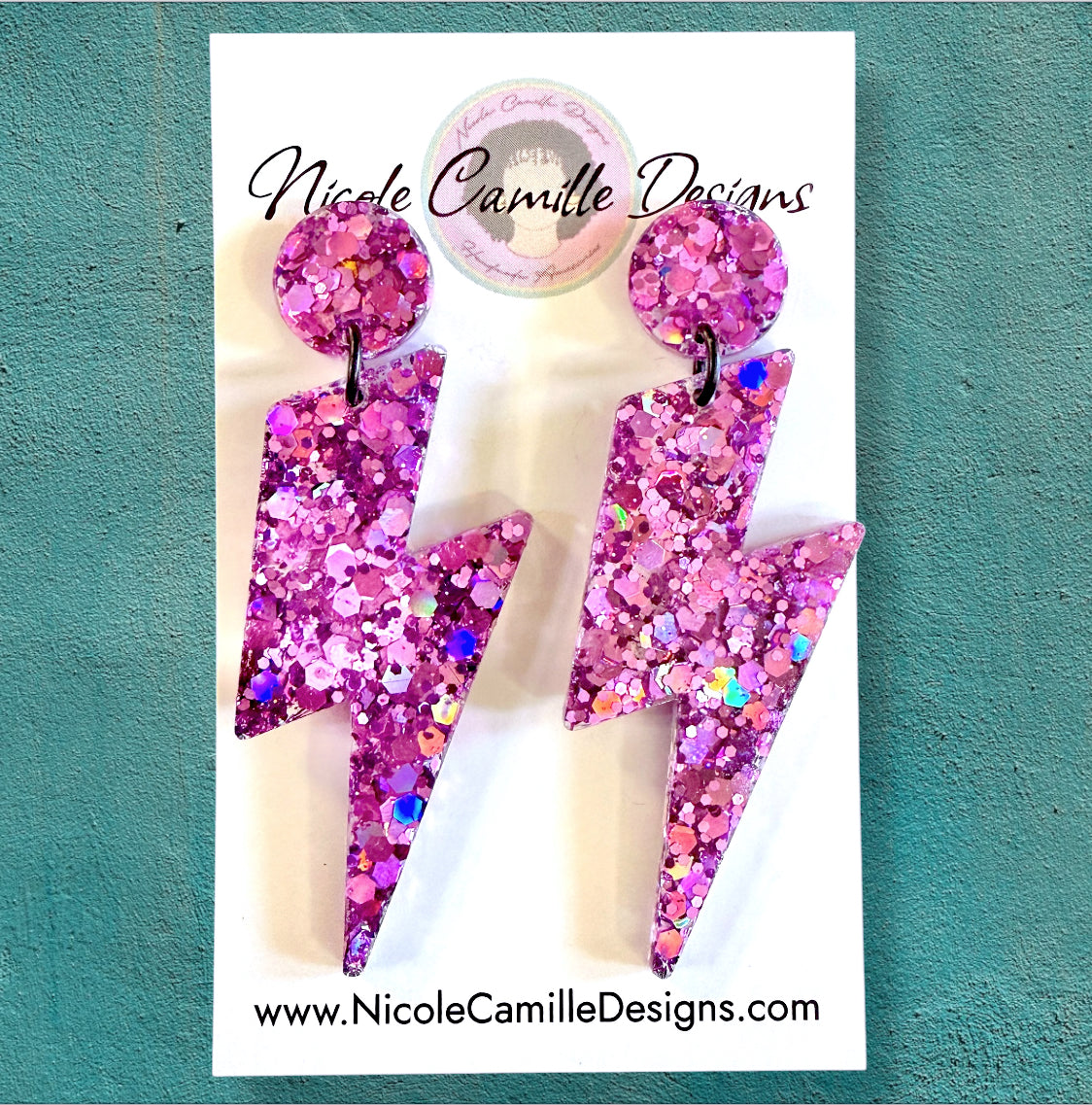 Fuschia Glitter Lightning Resin Earrings