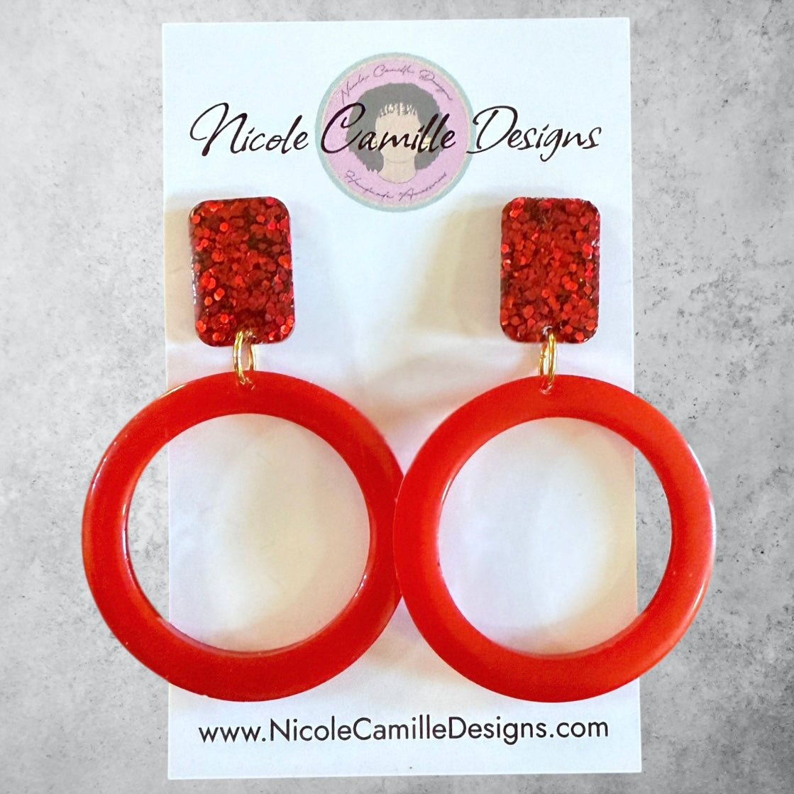 Red Glitter Round Resin Earrings