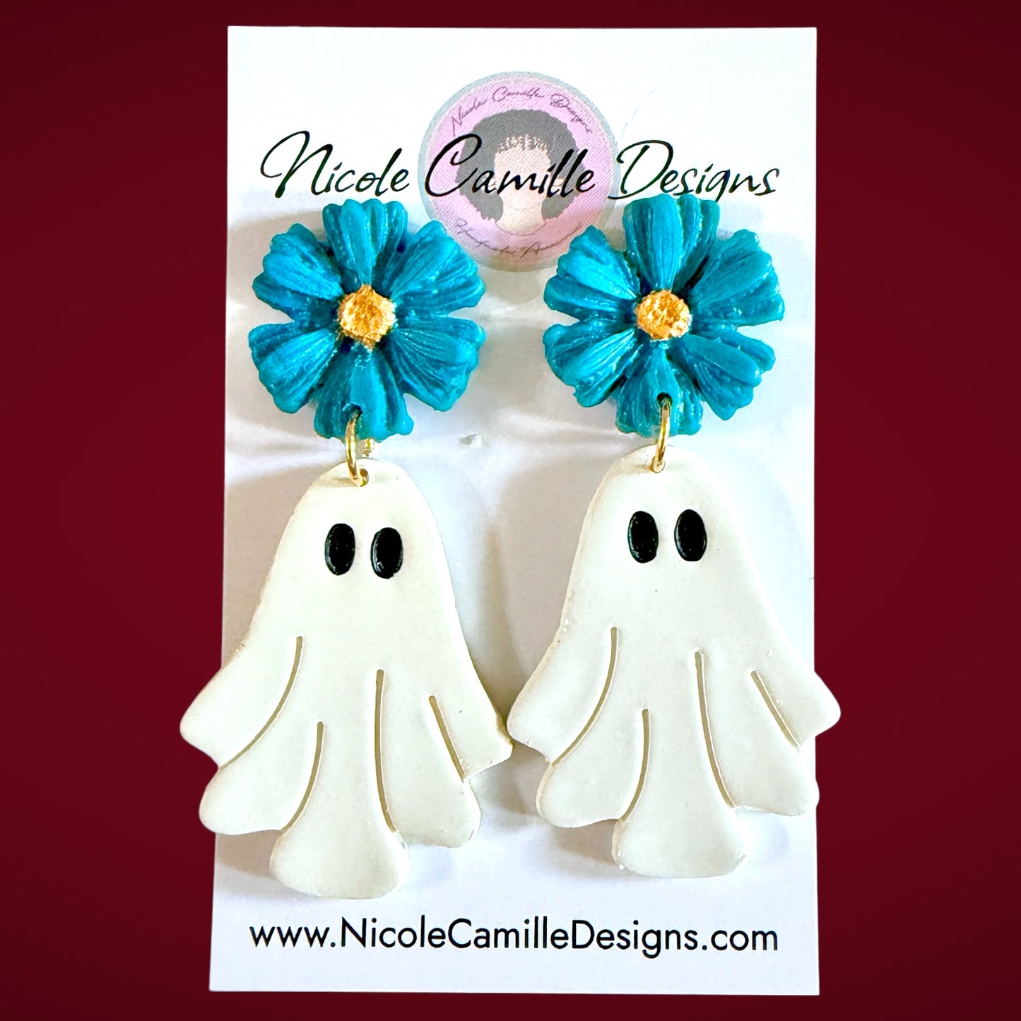 Teal Flower & Ghost Clay Earrings