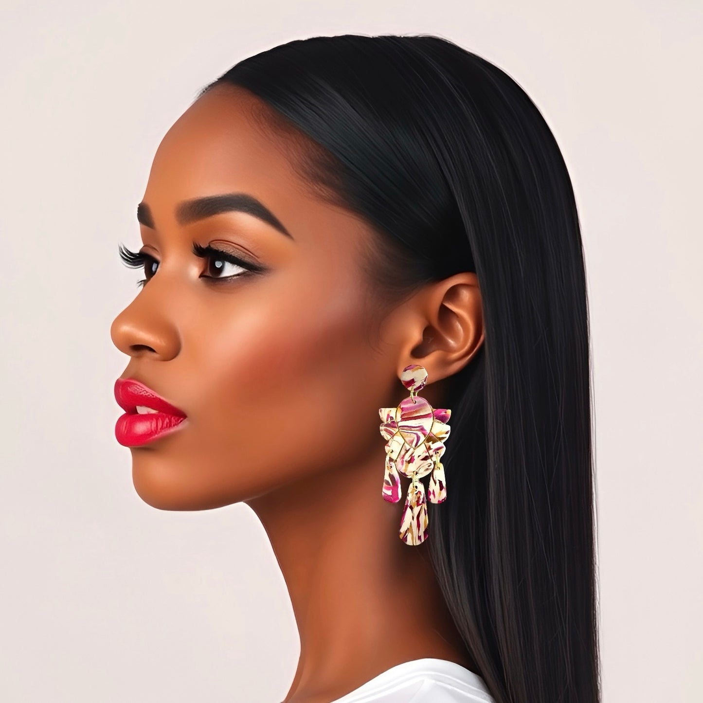 Fall Fuschia Mix Tribal Dangle Clay Earrings