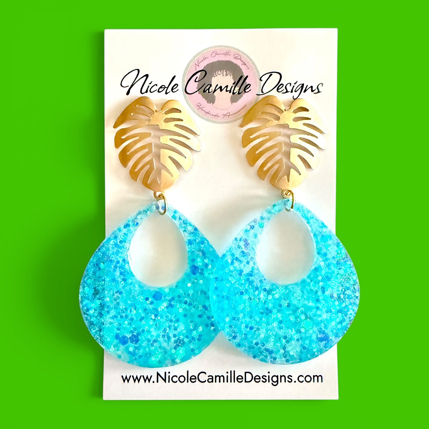 Aqua Glitter Teardrop & Monstera Resin Earrings