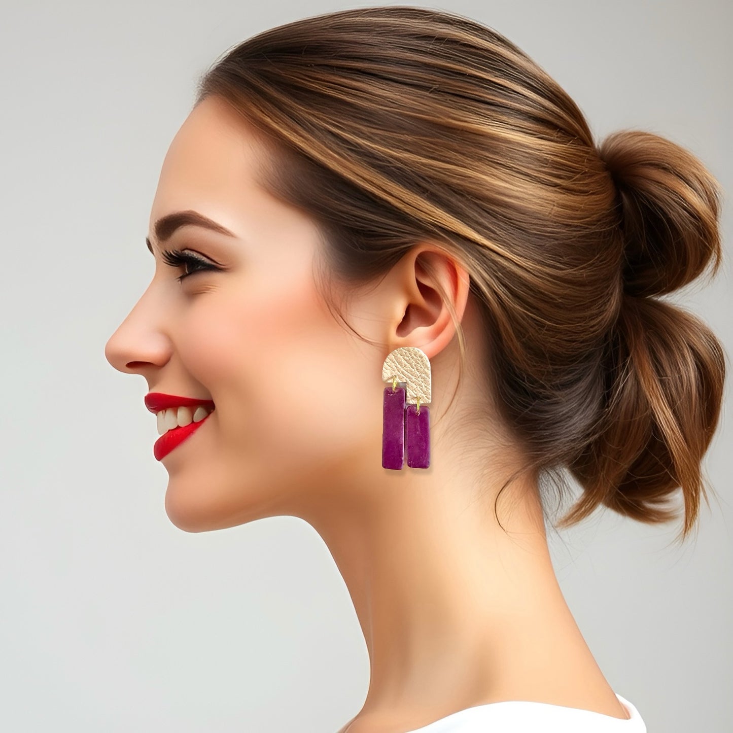 Plum & Beige Abstract Dangle Clay Earrings