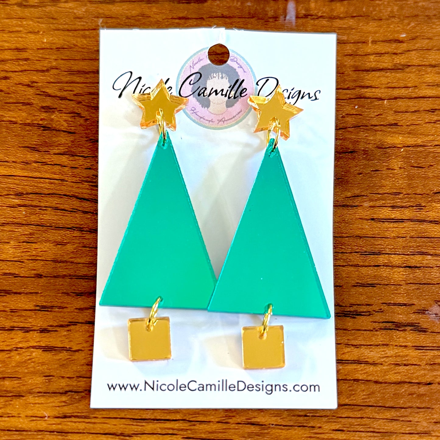 Teal Geo Xmas Tree Mirror Acrylic Earrings