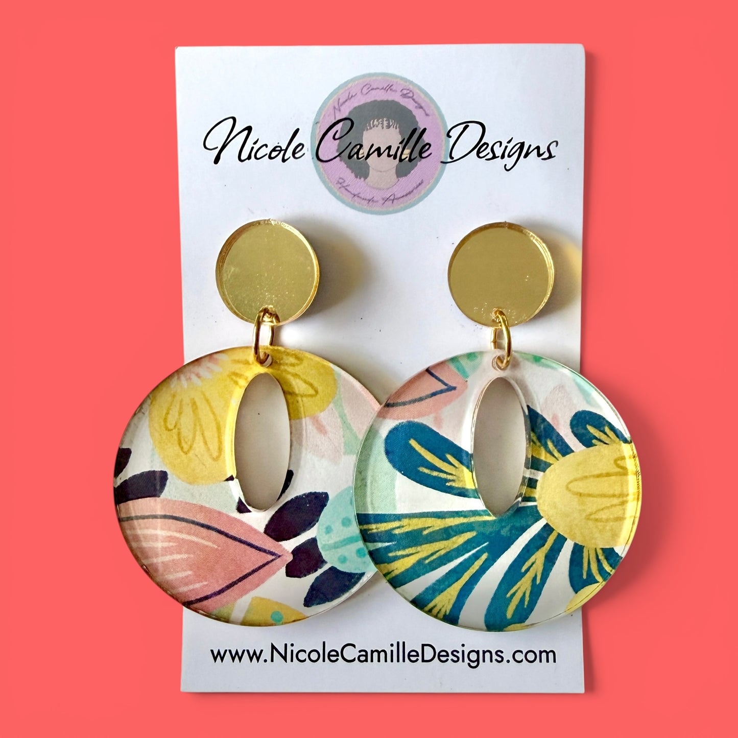 Earth Tone Floral Print Round Acrylic Earrings