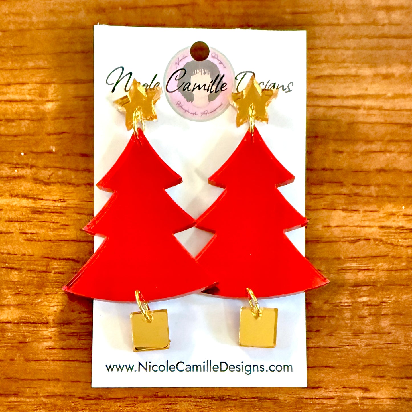 Red Xmas Tree Mirror Acrylic Earrings