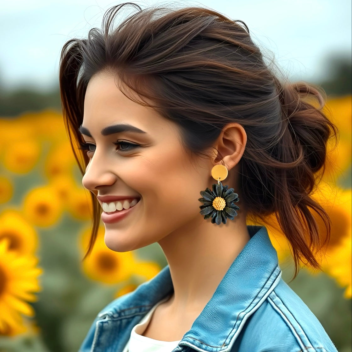 Black Flower Clay Earrings