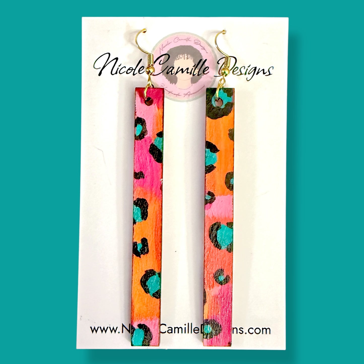 Orange & Fuschia Leopard Skinny Wood Earrings