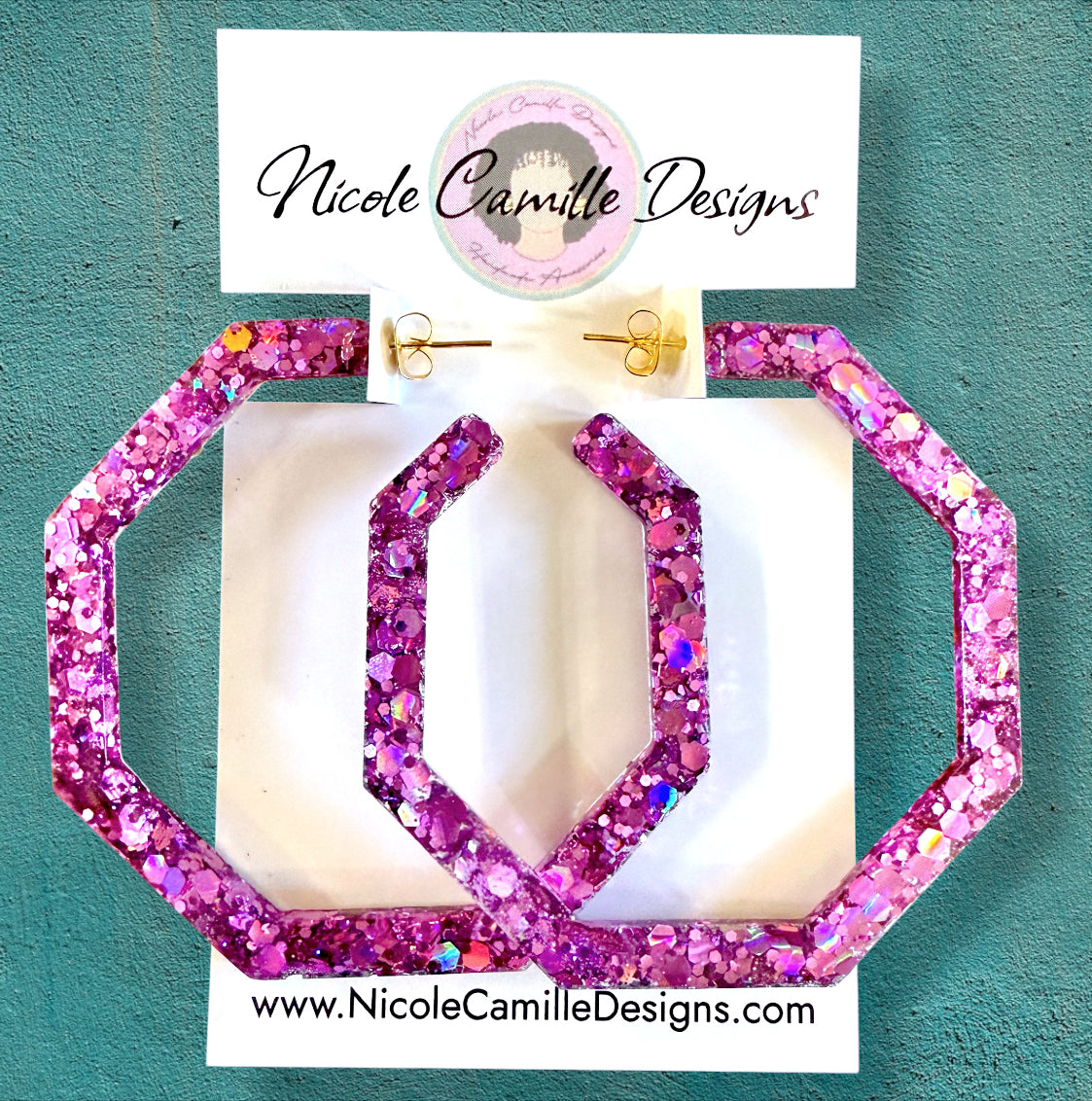 Fuschia Glitter Geo Hoop Resin Earrings
