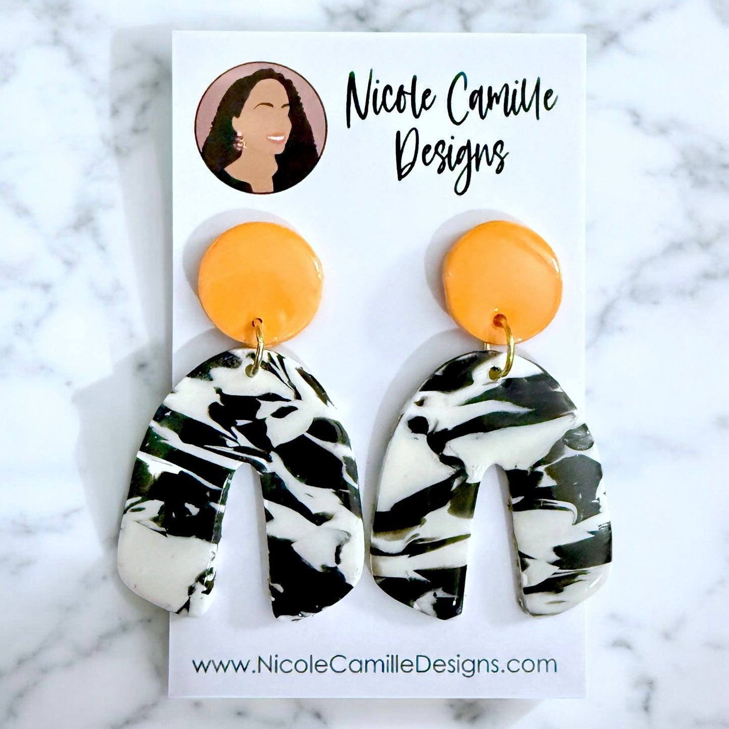 B&W Abstract & Tangerine Organic Clay Earrings