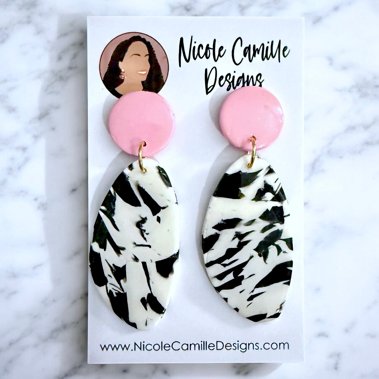 B&W Abstract & Pink Organic Clay Earrings