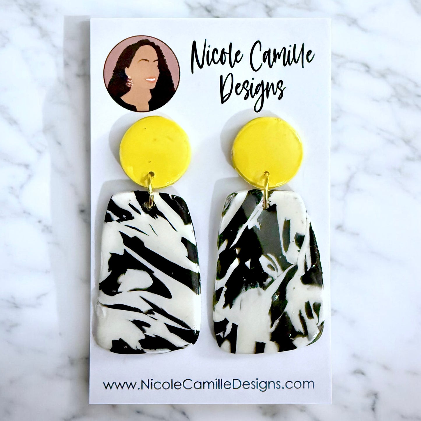B&W Abstract & Yellow Organic Clay Earrings