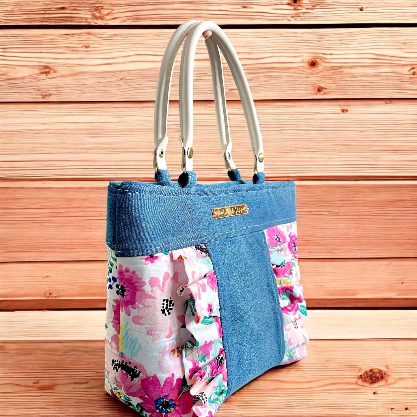 Fuschia Floral Print Ruffle & Denim Purse
