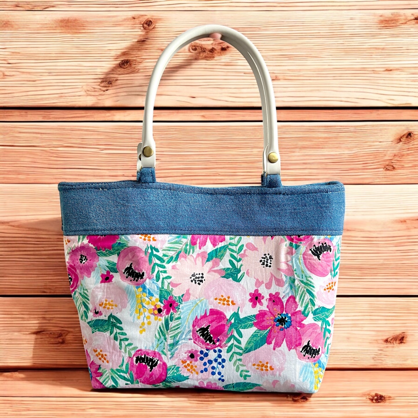 Fuschia Floral Print Ruffle & Denim Purse