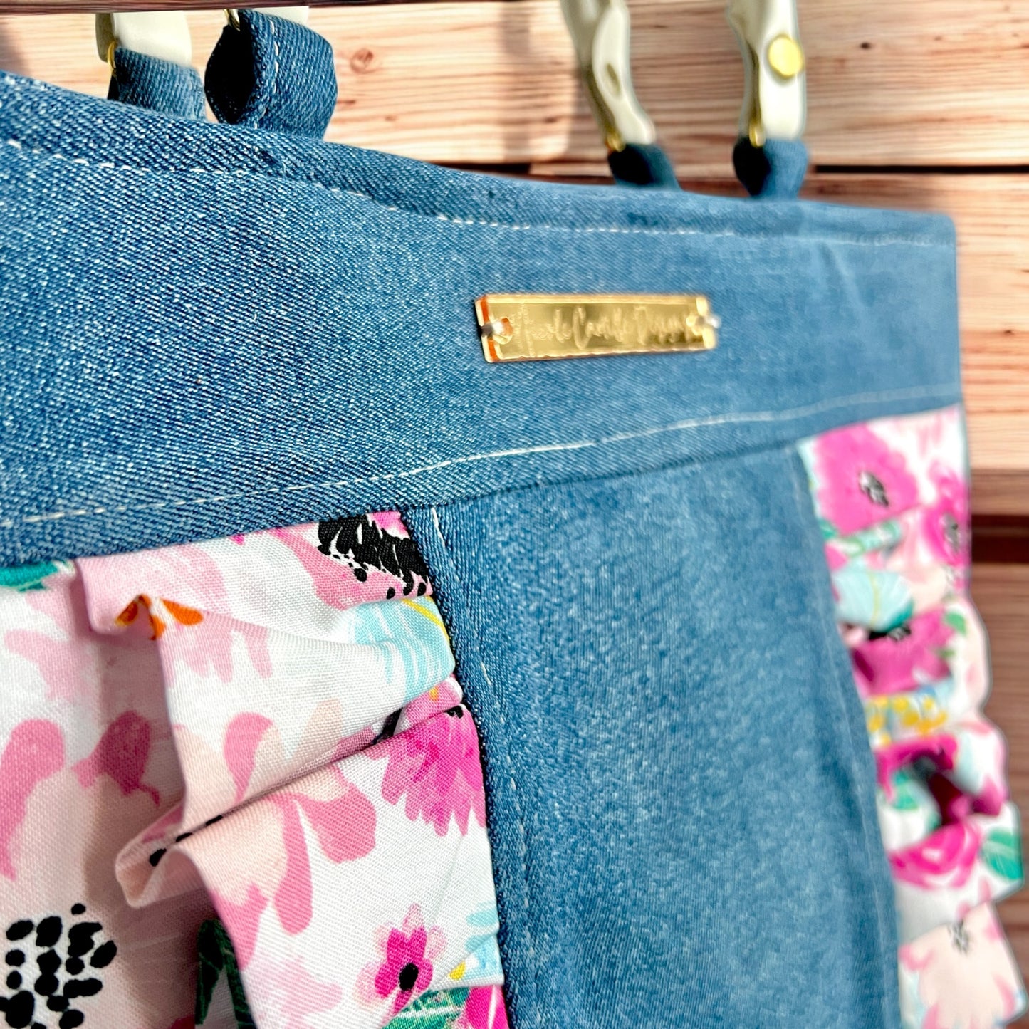 Fuschia Floral Print Ruffle & Denim Purse