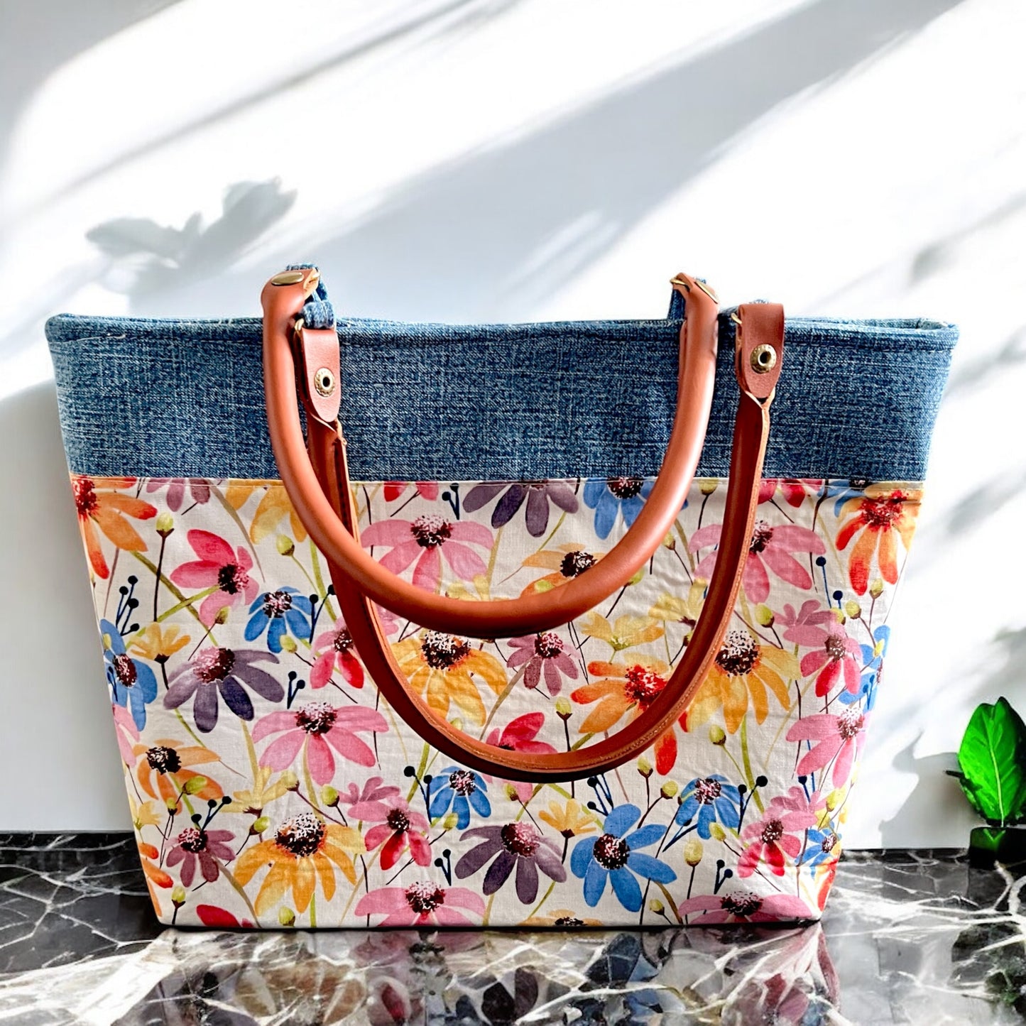 Colorful Daisy Print Ruffle & Denim Purse