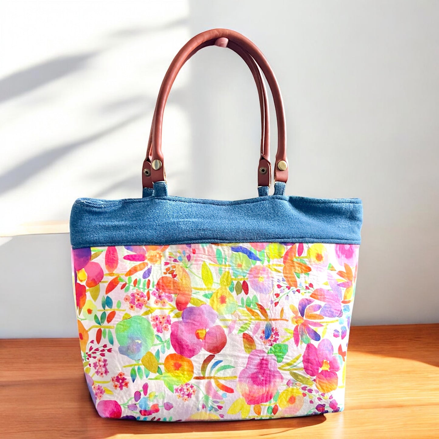 Bold Watercolor Floral Print Ruffle & Denim Purse (Prototype)