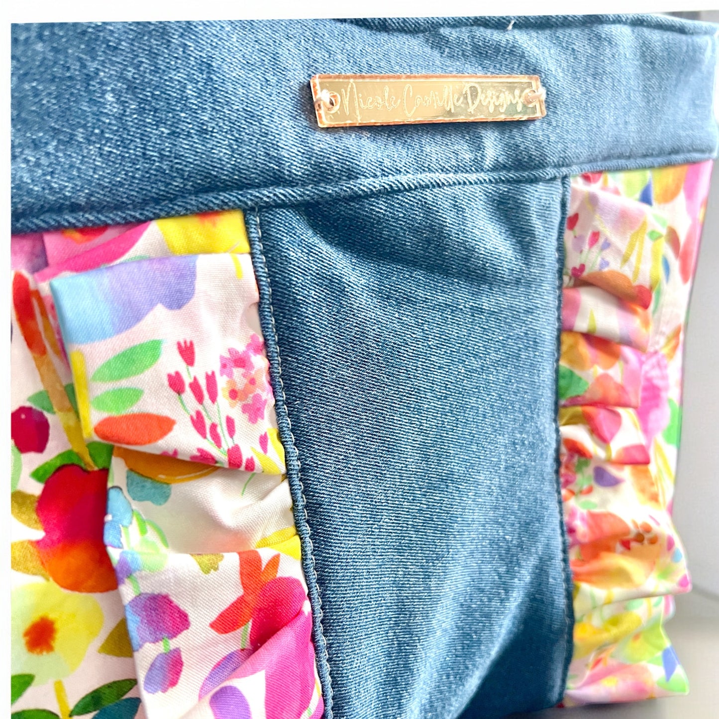 Bold Watercolor Floral Print Ruffle & Denim Purse (Prototype)