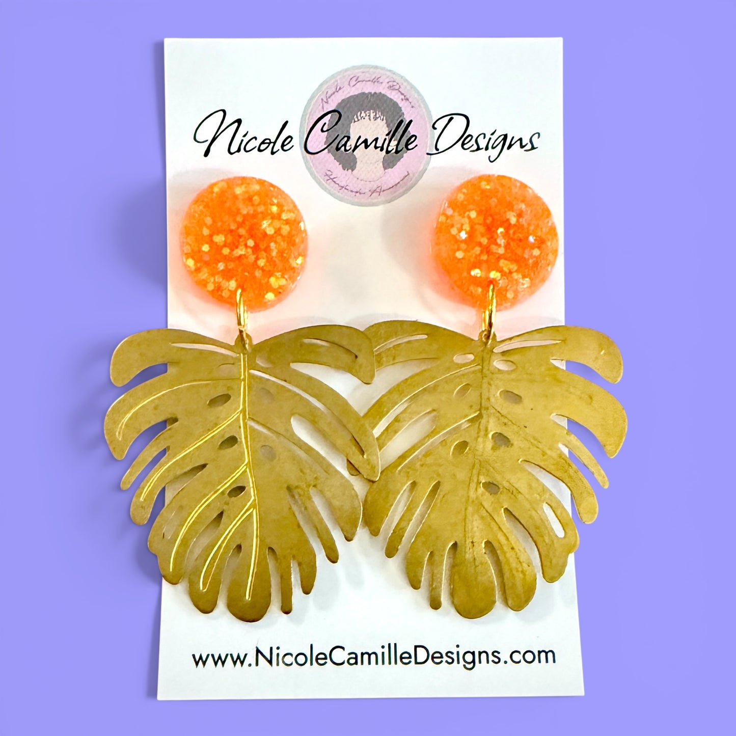Brass Monstera & Orange Glitter Resin Earrings