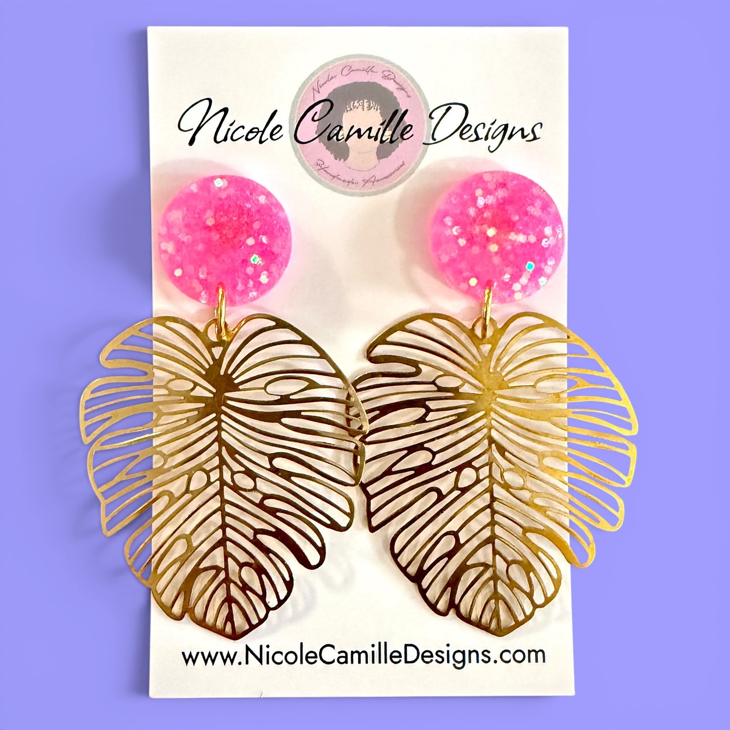 Brass Monstera & Pink Glitter Resin Earrings