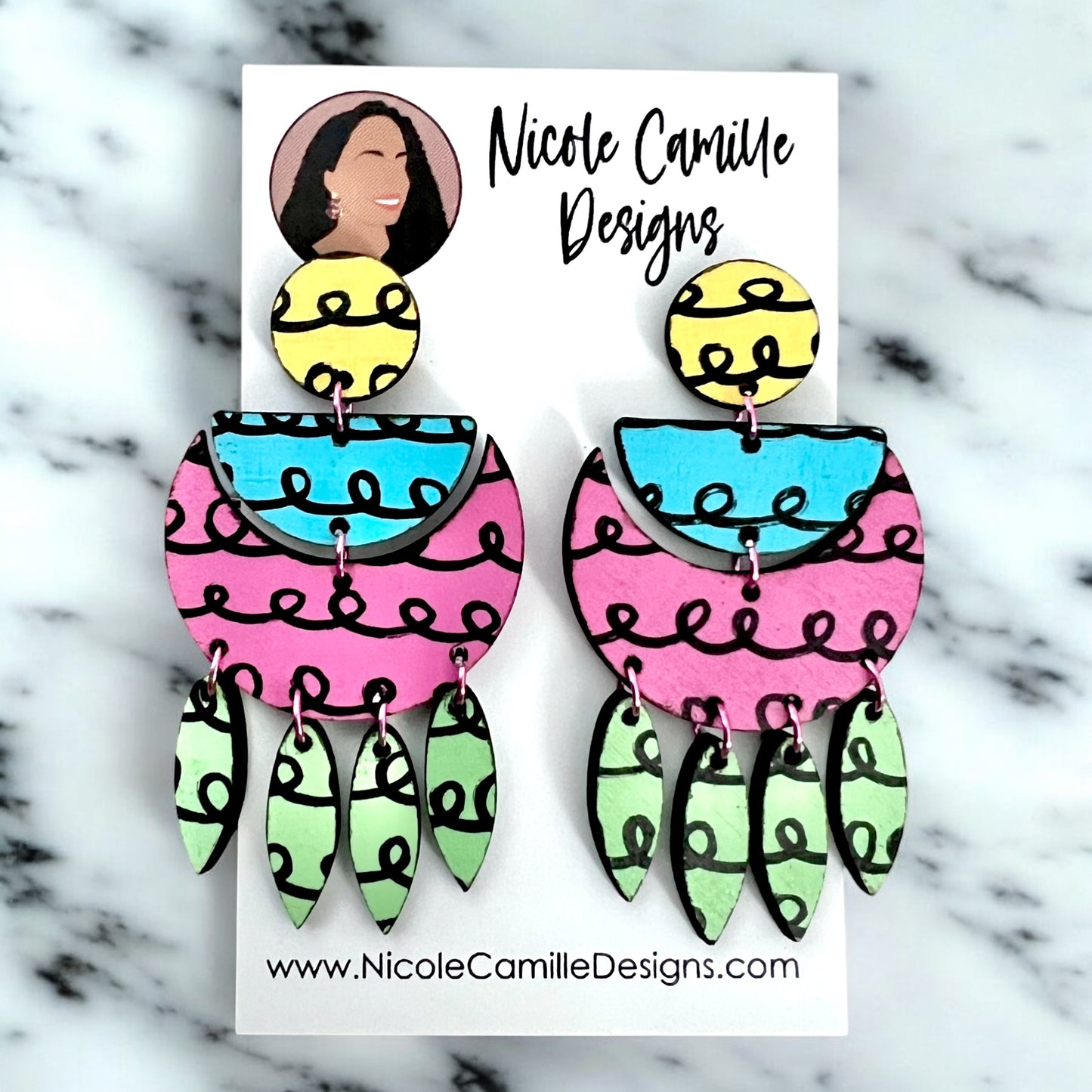 Multicolor Scribble Crescent Dangle Wood Earrings