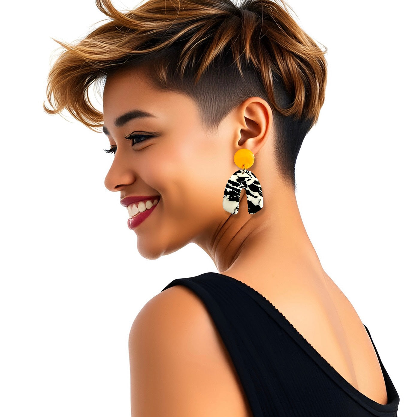 B&W Abstract & Tangerine Organic Clay Earrings