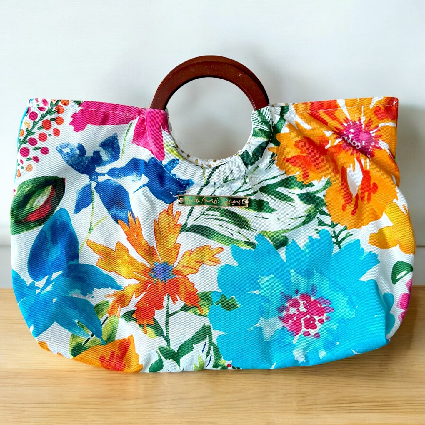 Bold Watercolor Floral Print Ring Handle Purse
