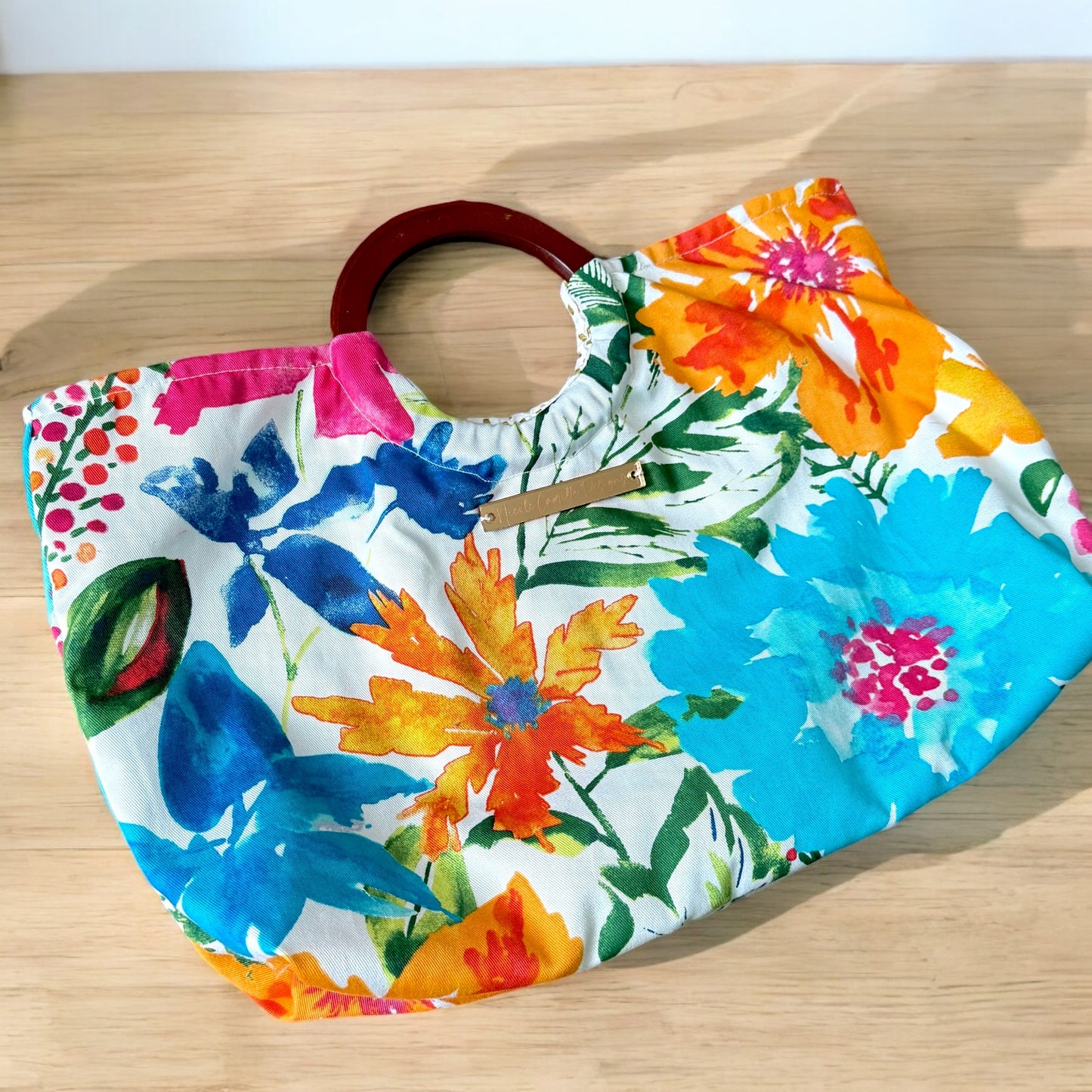 Bold Watercolor Floral Print Ring Handle Purse