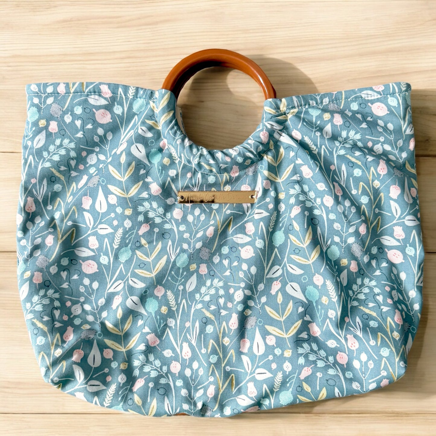 Dusty Blue Floral Print Ring Handle Purse