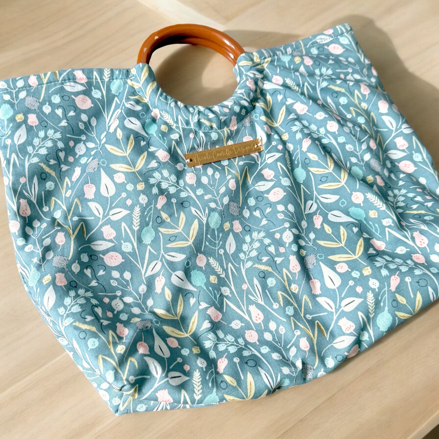 Dusty Blue Floral Print Ring Handle Purse