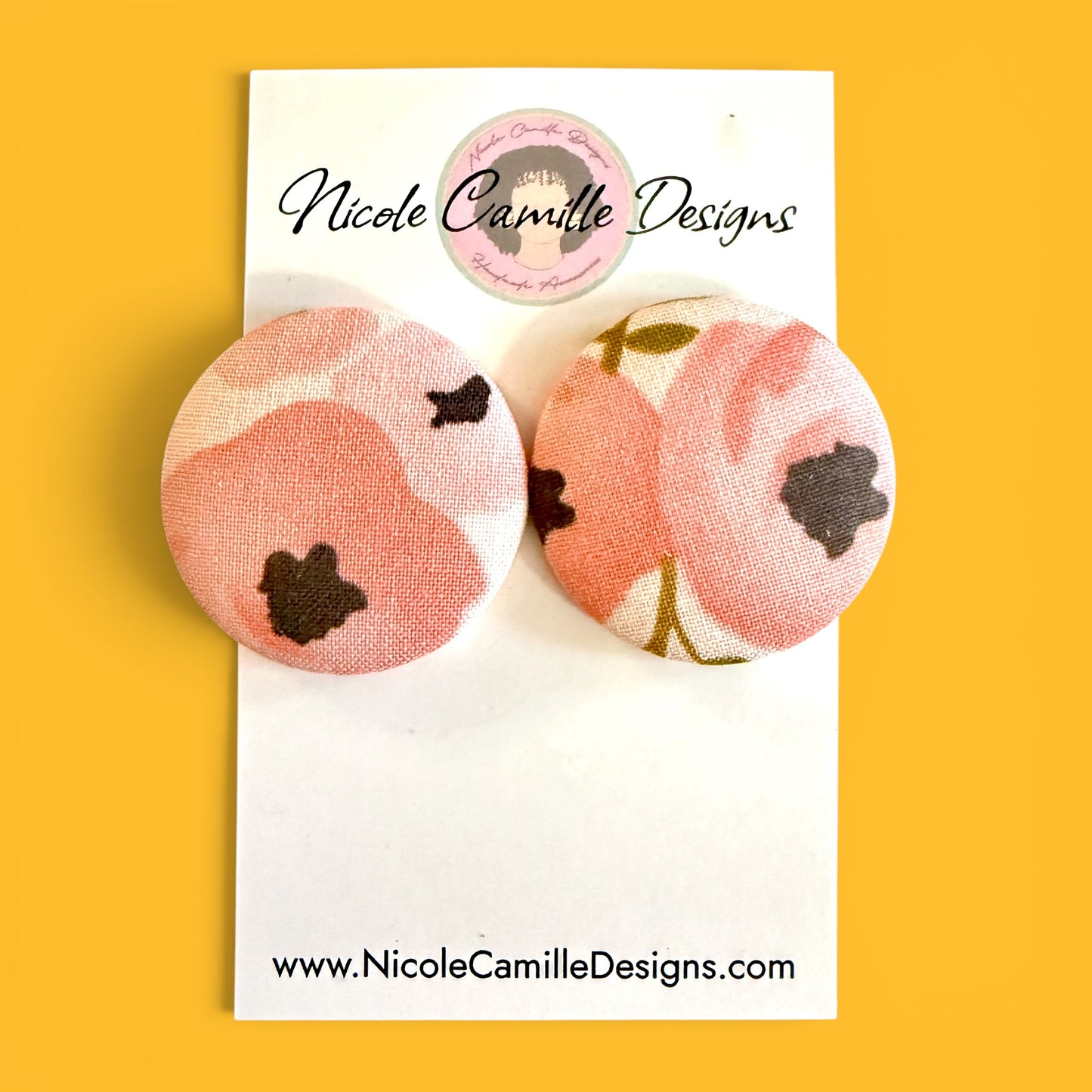 Pink Floral Fabric Button Earrings