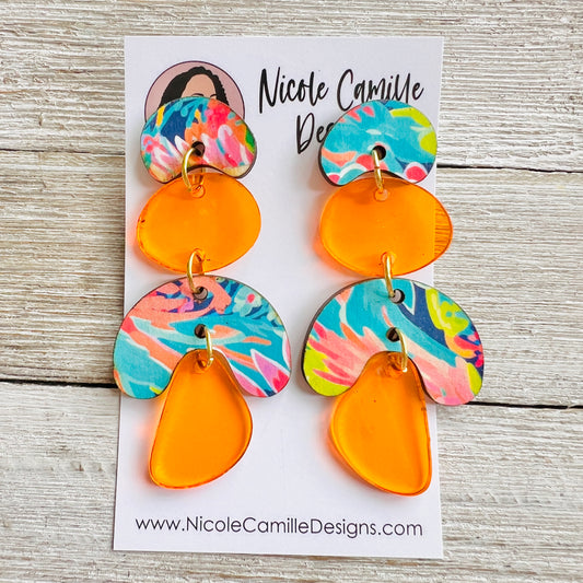 Aqua Print & Orange Organic Dangle Wood & Acrylic Earrings