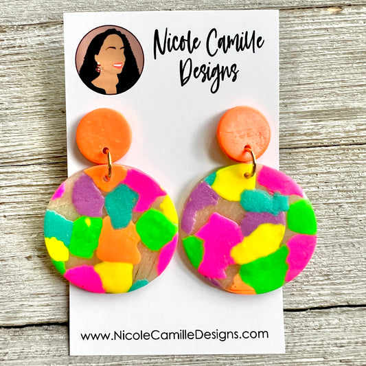Colorful Patchwork Disc Clay Earrings
