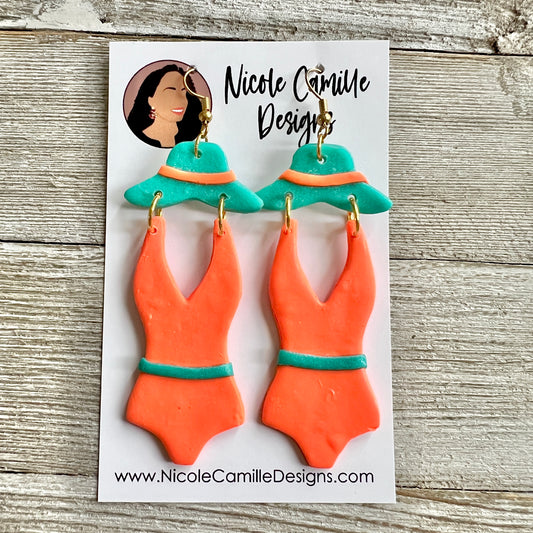 Orange & Teal Swimsuit Clay Earrings