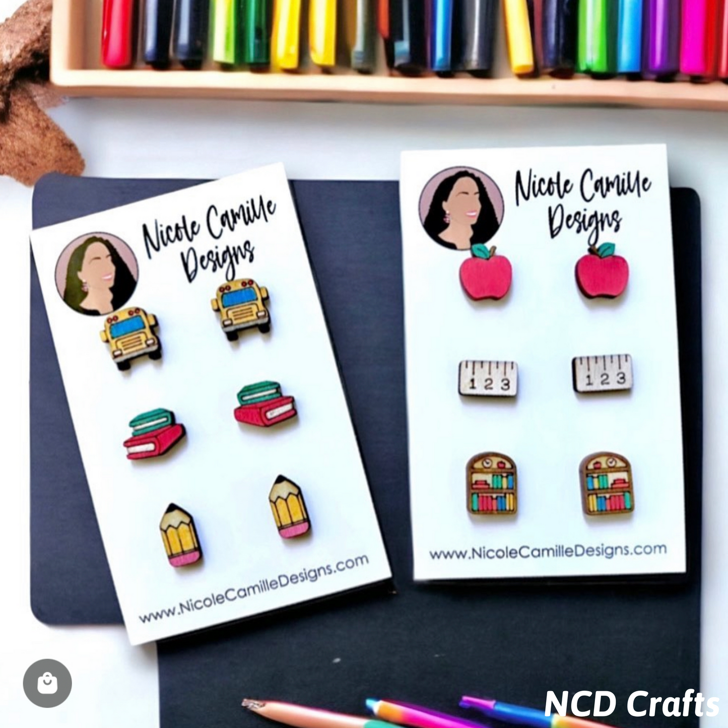 Back to School Studs Wood Earrings