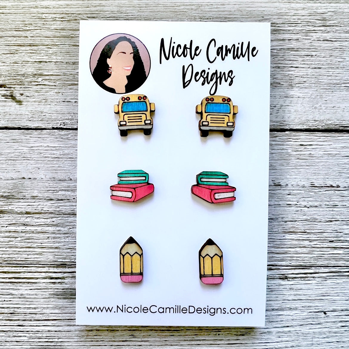 Back to School Studs Wood Earrings