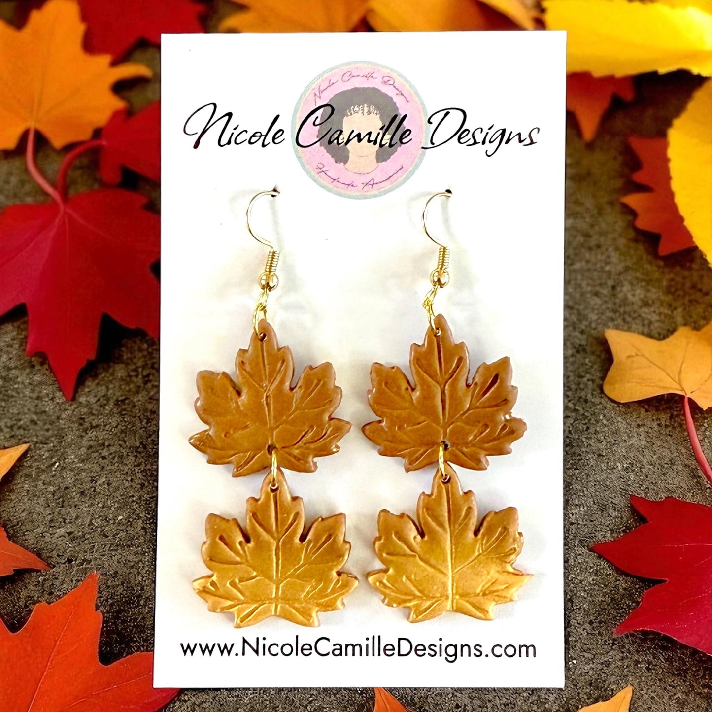 Brown & Gold Leaf Dangles Clay Earrings