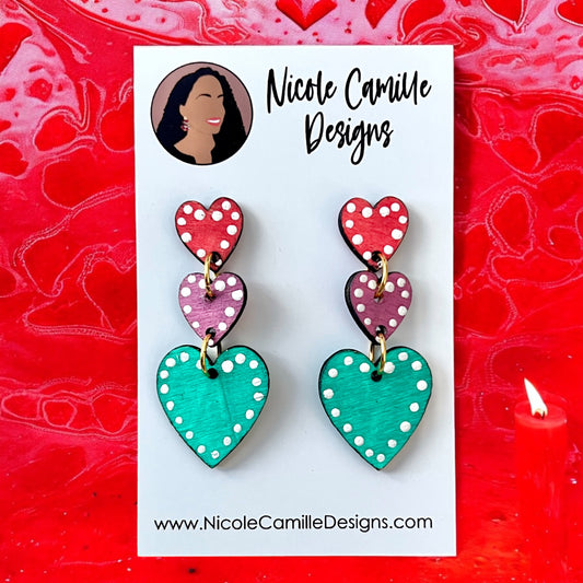 Red, Purple & Teal 3-Hearts Wood Earrings