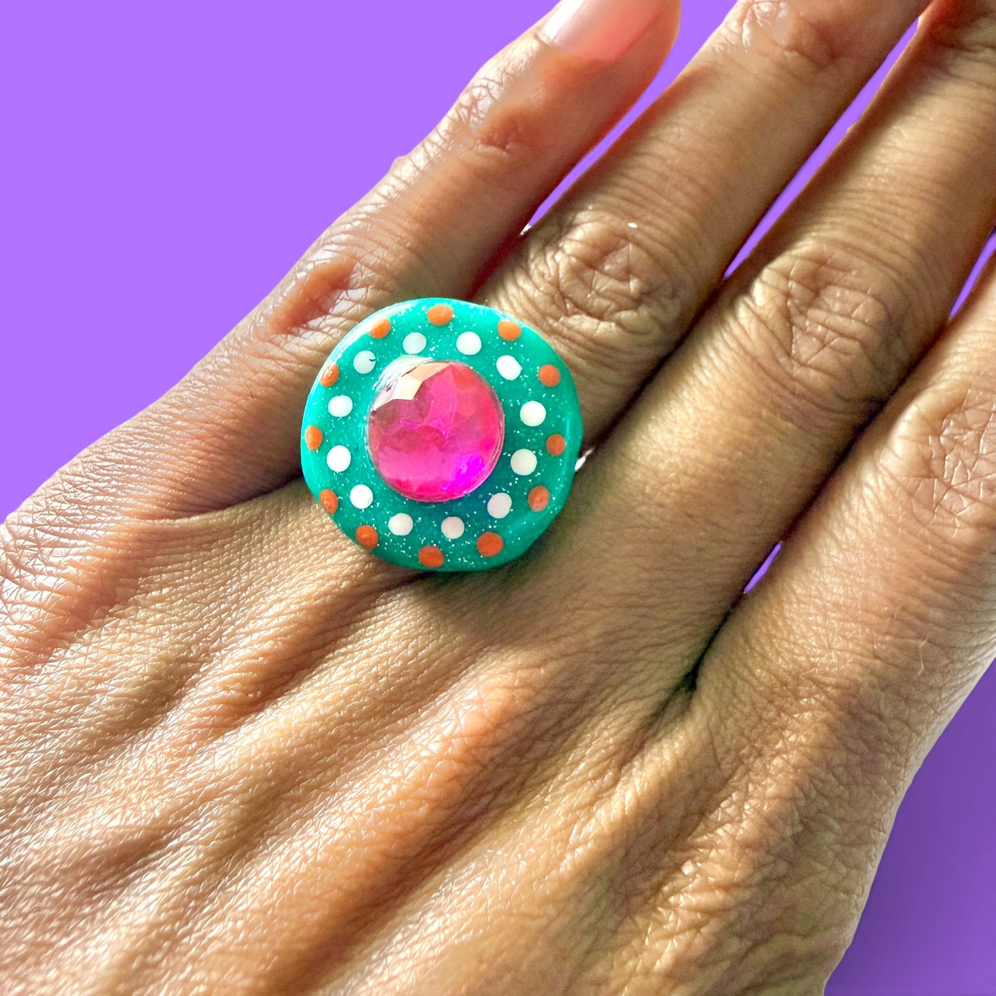 Teal Jeweled Clay Adjustable Ring 2