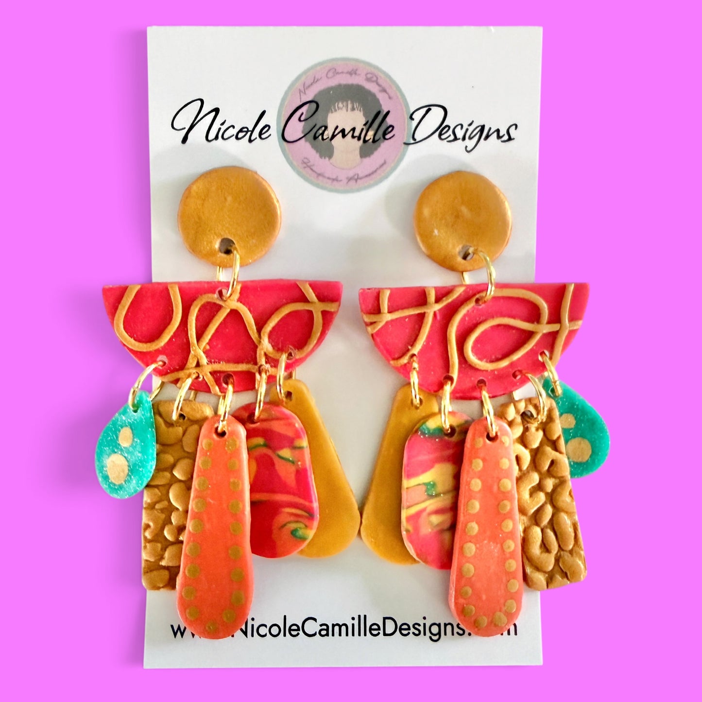Red Boho Abstract Dangle Clay Earrings