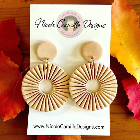 Beige Lined Circle Clay Earrings