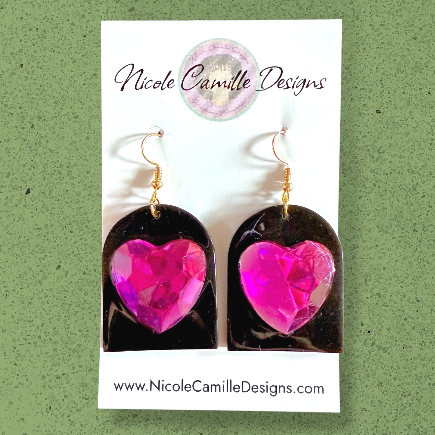Black & Fuschia Gem Heart Resin Earrings