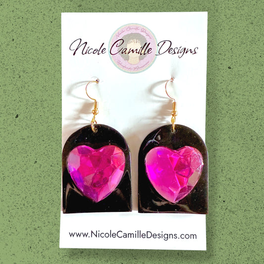 Black & Fuschia Gem Heart Resin Earrings