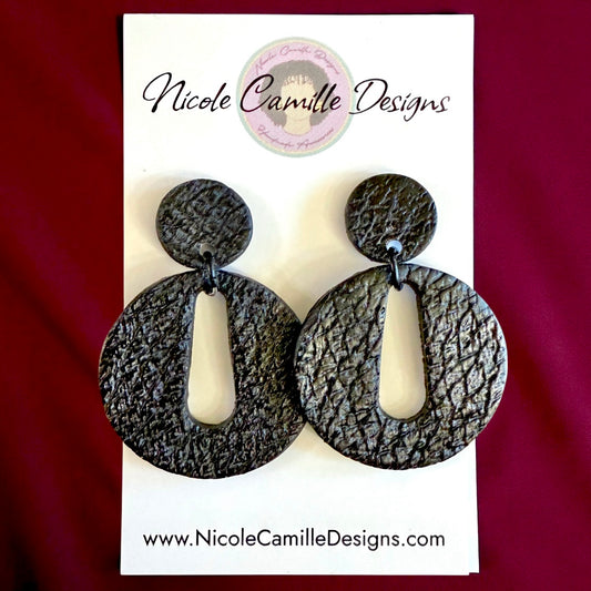 Black Leather Round Cutout Clay Earrings
