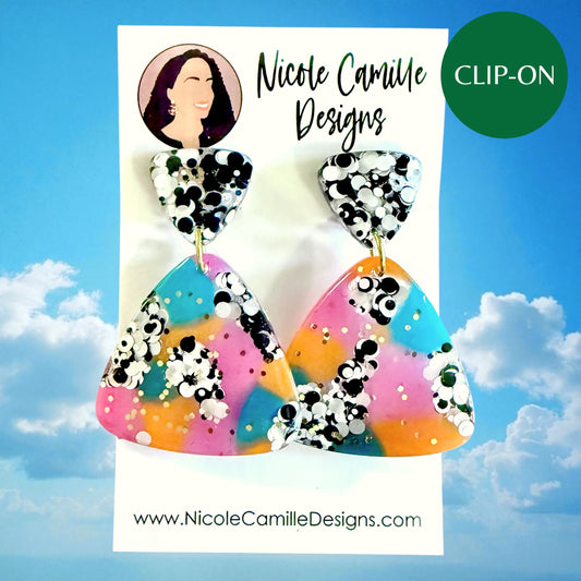 Colorful Confetti Triangle Resin Clip-on Earrings