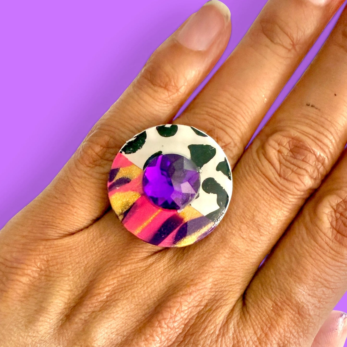 Mixed Print Jeweled Adjustable Clay Ring 4